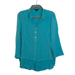 John Mark Button Front Tunic Top Blouse Size L Turquoise Blue Wire Collar Casual